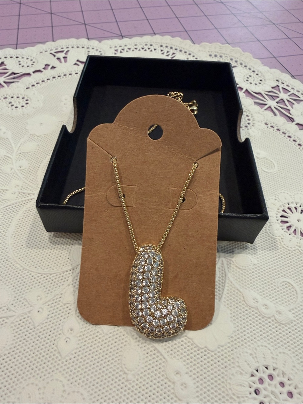 Gold “L” Crystal Paved Curved Pendant Necklace - Women Jewelry